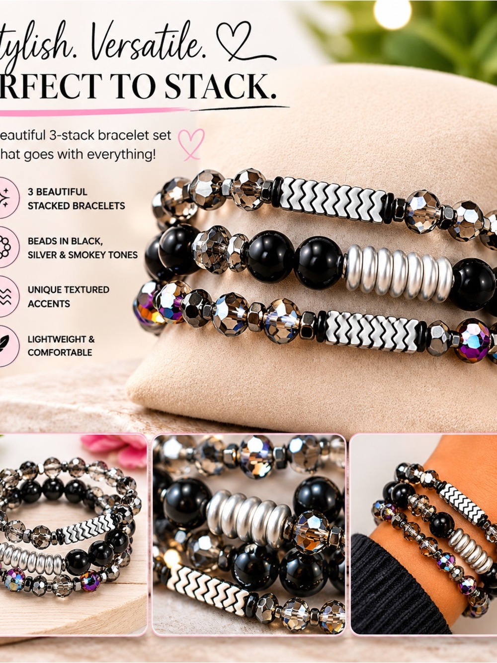 paparazzi Black & Silver Three-Stack Bracelet Set